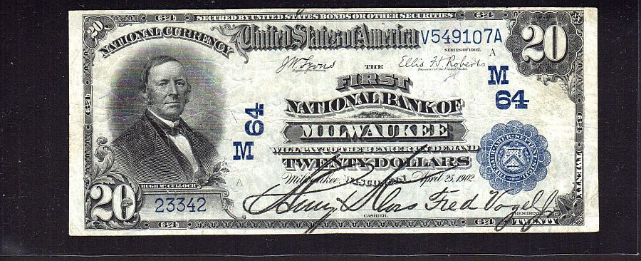 Milwaukee, WI Ch.#64, Fr.642, 1902DB $20, FNB of Milwaukee, SN-23342, VF [25]